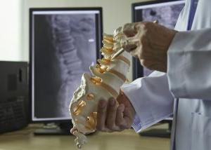 A neurosurgeon pointing at lumbar vertebra model